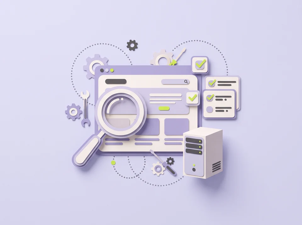 Website review with a magnifying glass and hosting checklist