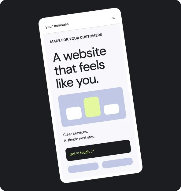 Mobile website mockup showing a clear headline, service cards, and a Get in touch button