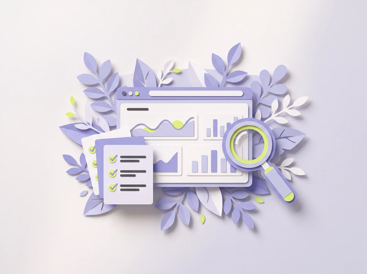 Decorative paper illustration of a reporting dashboard, completed tasks, and a magnifying glass