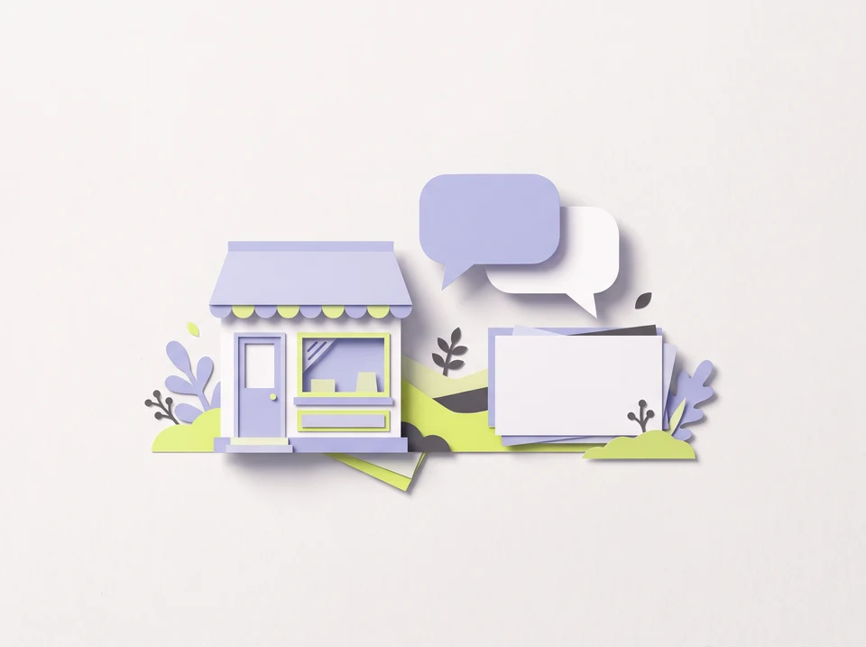 Paper storefront, conversation bubbles, and a business brief