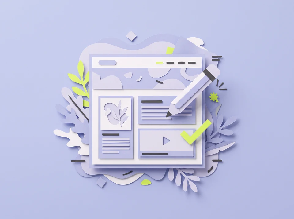 Paper website layout with an editing pencil and checkmark