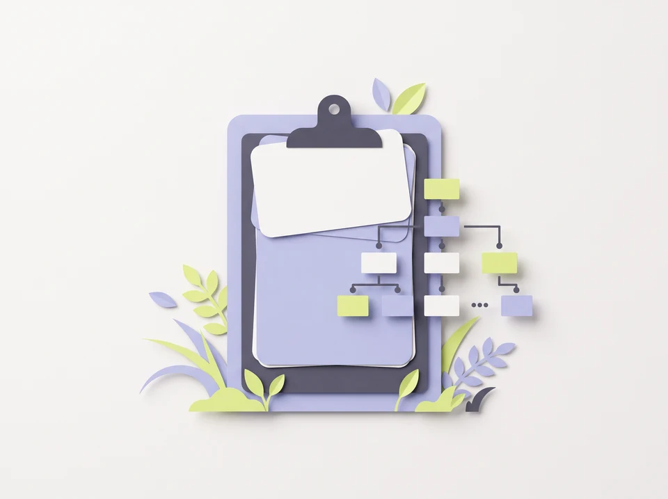 Website planning clipboard and connected sitemap blocks